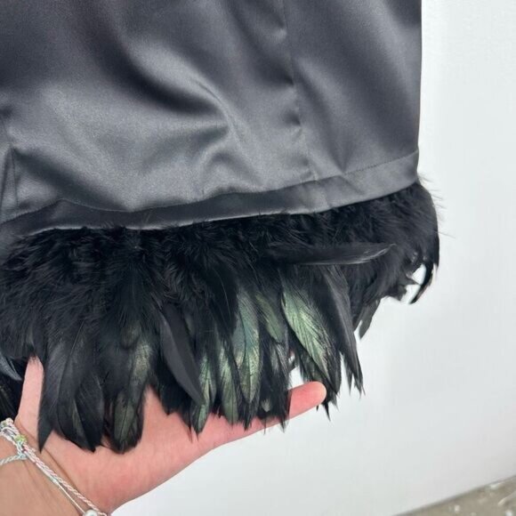 Roberta Women’s Black Satin Mini Spaghetti Strap Mini Dress Feather Trim - Picture 5 of 10